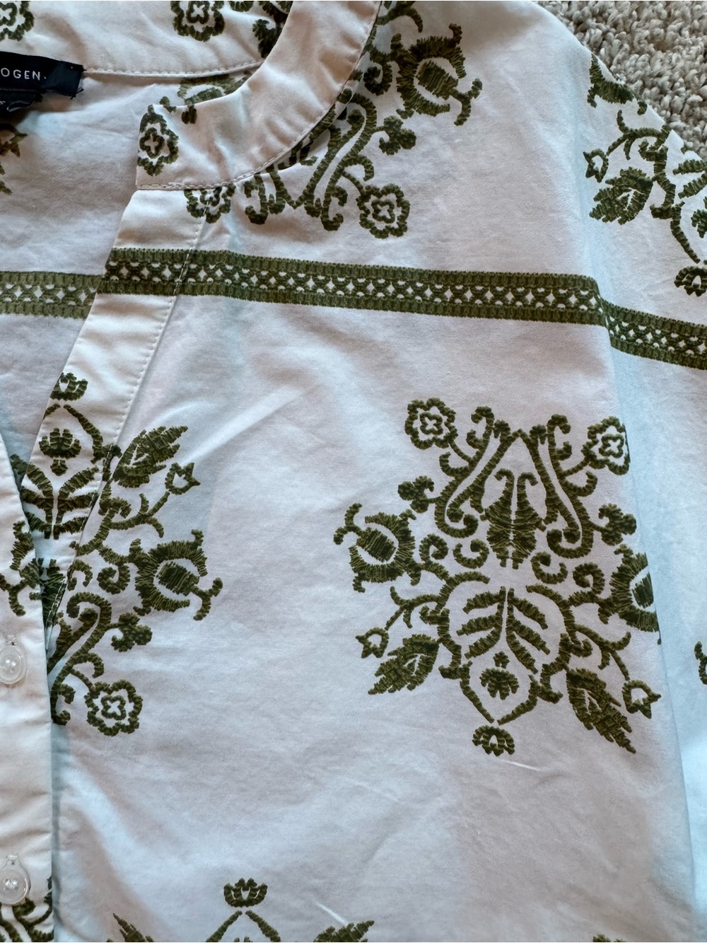 Halogen Women’s Embroidered Blouse Medium Ivory Olive Print Button Peplum Top - Picture 3 of 9